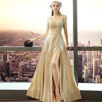 Golden evening dress 2021 new host elegant fashion slim banquet annual meeting party host dress