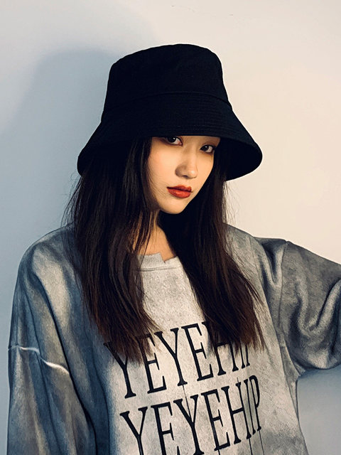 Fisherman Hat for Women Spring & Fall Black All-Match Sun Hat Pure Color K-Style Face-Showing Small Sun Hat Big Head Bucket Hat for Men