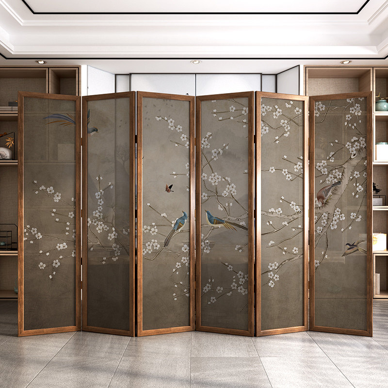 Screen partition wall Chinese style living room office hotel dining room bedroom shelter home solid wood mobile folding flowers and birds