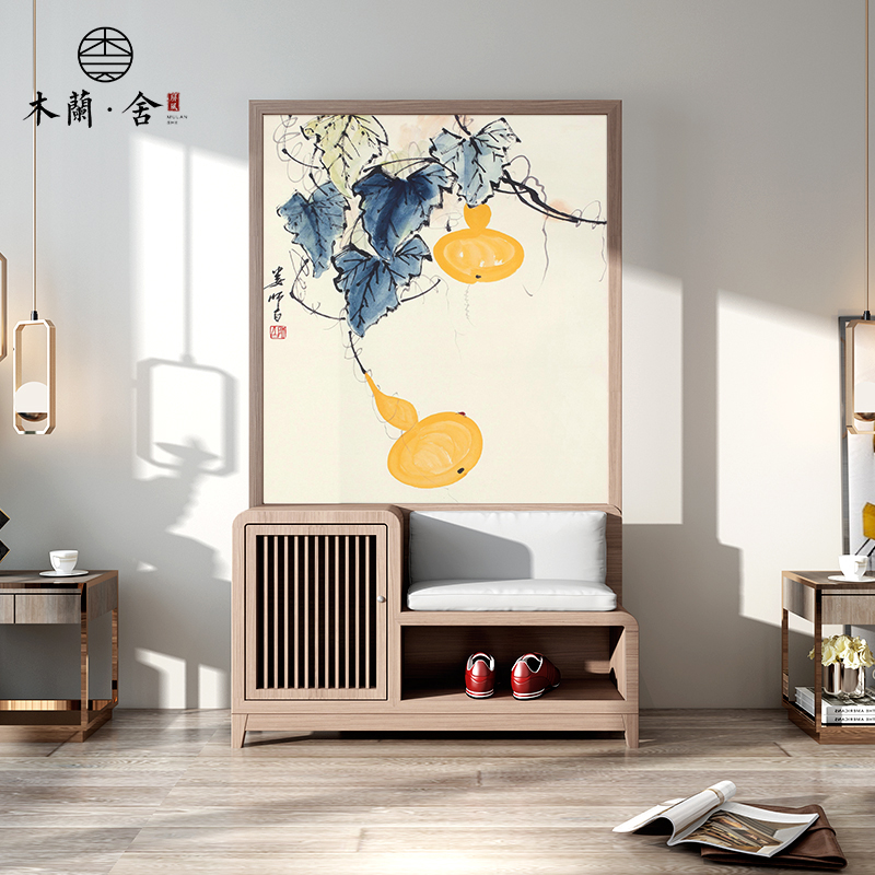 Customized screen partition wall decorated Chinese living room bedroom solid wood entry door to door opening door to shoe stool shoe cabinet seat screen