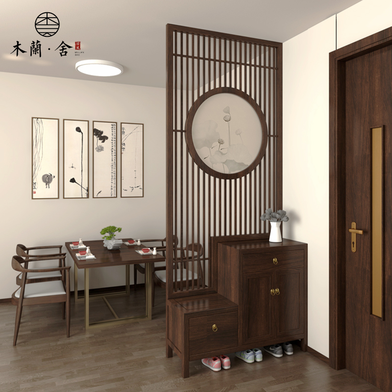 Chinese screen partition living room solid wood hollow shoe cabinet One-piece household door entrance cabinet grid modern shelf