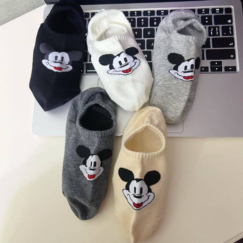Mickey Pattern Socks for Women, Short Socks, Pure Cotton, Spring and Summer, Low-Cut, Shallow Mouth, Korean Style, Invisible Silicone, Non-Slip Boat Socks