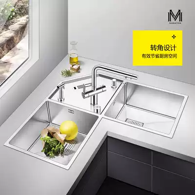 Manbarton kitchen corner sink double sink corner shaped multifunctional stainless steel vegetable wash basin sunken with knife holder