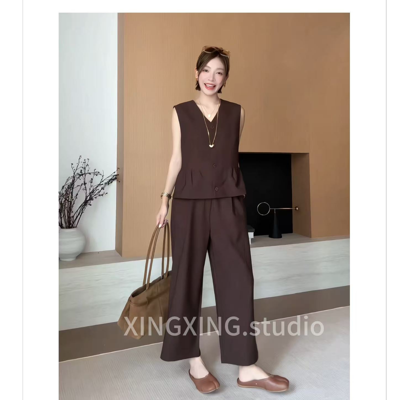 X.X.26 Autumn New Commuting V-Neck Fashion Suit for Women, High-End Vest and Wide-Leg Pants Two-Piece Set 7362