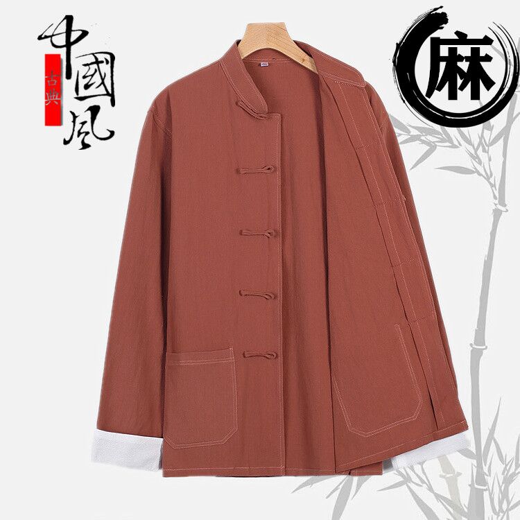 Tang Dress Men's Spring Autumn Jacket China Wind Youth Retro Tide Card Blouses Chinese Cotton Numb Large Scale Code Zen for the Residence Uniform