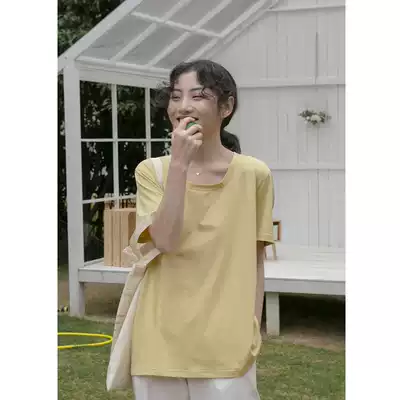 Hello Canon spring and summer fresh u collar solid color loose short sleeve T-shirt female 2021 new simple versatile base top top