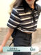 Hello Canon Polo Collar Short Color-Block Striped T-Shirt 2024 New Niche Design Short-Sleeve Top for Women Summer