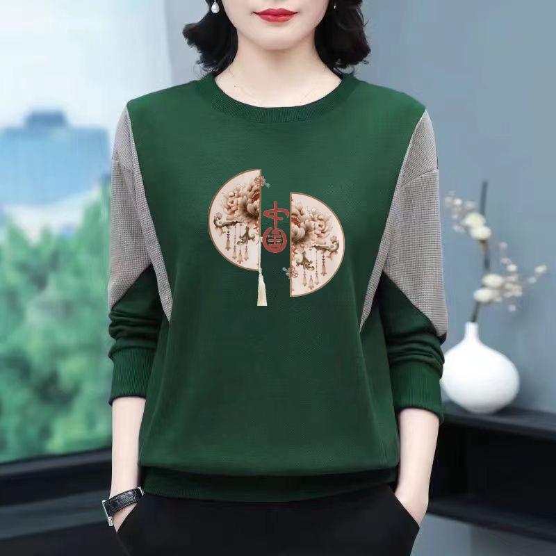 Clearance Sale: New Chinese-Style Sweatshirt for Middle-Aged and Elderly Women, Warm, Fleece-Lined, Thick, Round-Neck, Pullover, Long-Sleeve T-Shirt