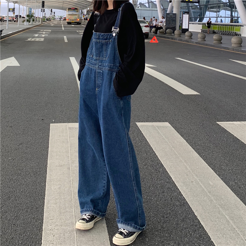 Back with pants woman 2023 new fall Korean version loose conjoined pants big code Fat mm frock Jeans Back Belt Pants-Taobao