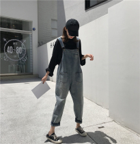 Strap pants female Korean version of loose 2021 new spring and autumn jumpsuit straight slim work wear wide leg strap jeans