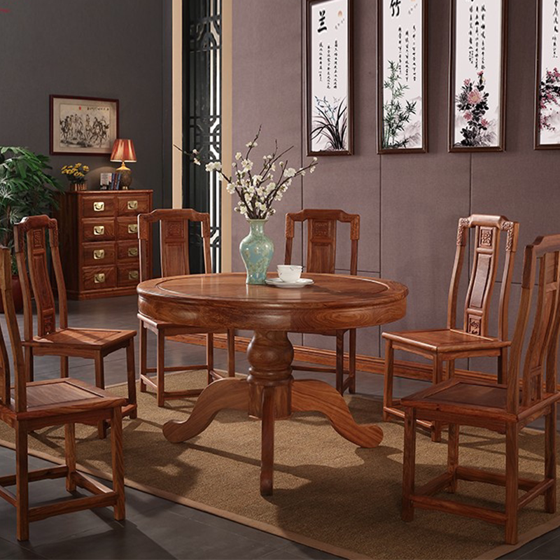 Red Wood Furniture Hedgehog Purple Sandalwood Round Table Dining Table and chairs Family with flowers pear solid wood New Chinese living room imitation of ancient Ming style