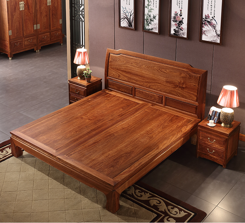 Hedgehog Purple Sandalwood Red Wood Furniture Double Man Bed Vegetarian Face Large Bed New Chinese Flower Pears Main Sleeper Solid Wood Simple Combined Bedroom