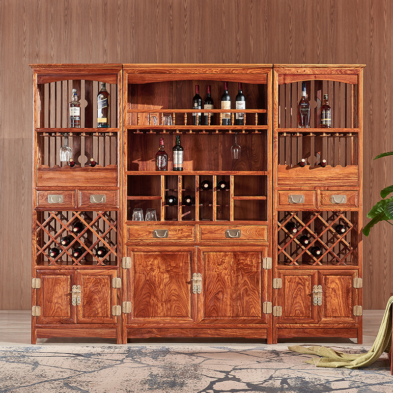 Red Wood Furniture Innate Hedgehog Red Sandalwood Red Wine Cabinet New Chinese Three Combined Dining Cabinet Storage Multifunction Display Cabinet Solid Wood