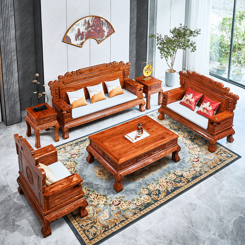 A luxury red wood furniture hedgehoppy wood sofa living room combined New Chinese Langting sequence source rolling bend and feet