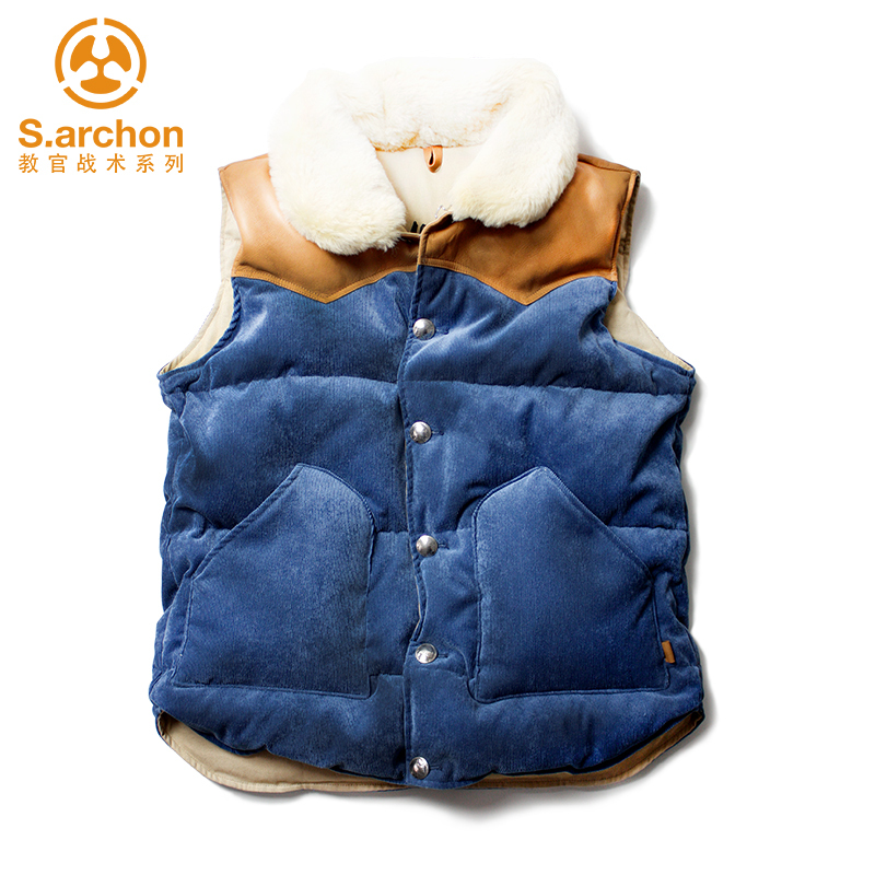 Instructor tactical down vest Vintage style high-end real wool collar Sheepskin corduroy tough guy antique buttons