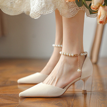 French pearl one word buckle pointed stiletto high heels ~ 2022 summer new cheongsam temperament toe sandals