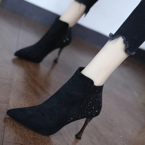 Hot drill stiletto short boots womens 2022 autumn and winter black sexy pointed high heels side zipper skinny boots Martin boots