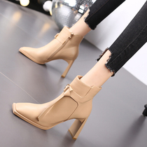 A D Hepburn thick heel ankle boots womens 2022 new square toe high heels belt buckle plus velvet Martin boot pad