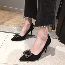 A D Hepburn square buckle rhinestone high heels~2022 new black sexy French girl stiletto shoes