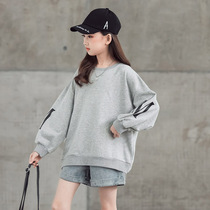 Tide brand girl fake two pieces of sweater autumn and winter childrens clothing Korean version of 2021 Zhongda children plus velvet jacket fried street coat