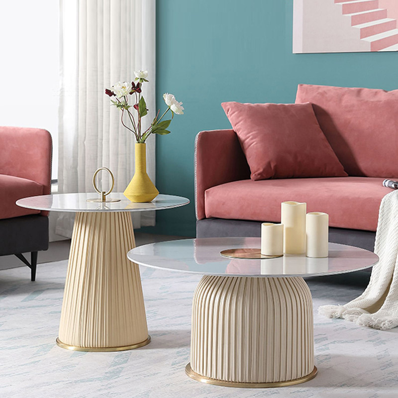Light Extravagant Designer Tea Table Minima Metal Marble Texture Corner Several panels Round Ruffle Leather Round a few