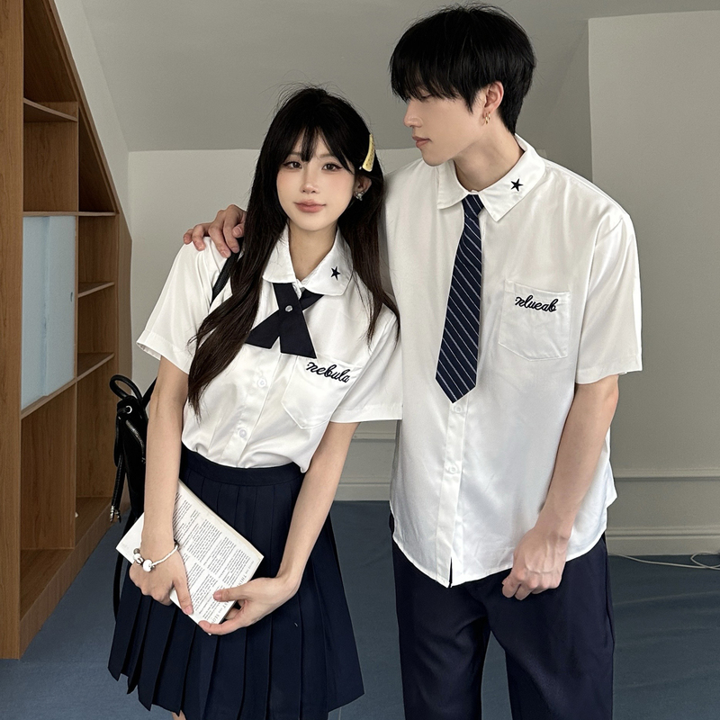 Korean Style College Jk Shirt Couple Set Men and Women Summer White Short-Sleeved Student Class Uniform Graduation Performance Outfit Korean Style College Jk Shirt Couple Set Men and Women Summer White Short-Sleeved Student Class Uniform Graduation Performance Outfit