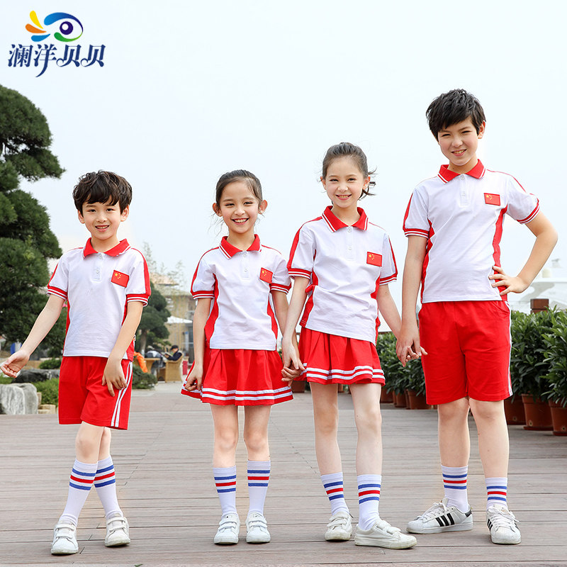 Summer opening ceremony red and white short sleeve suit large number children junior high school students five star red flag school clothing garden clothing