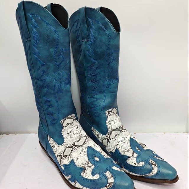 Independent Cross-Border Trade Large Size New European and American Retro Embroidered Knight Boots Pointed Toe Chunky Heel Men's Western Cowboy Boots