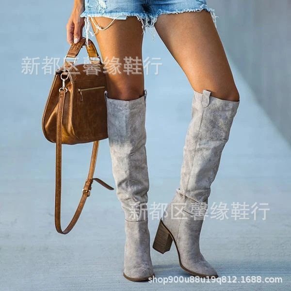 Independent Online Store Foreign Trade Plus-Size European and American Hot-Selling Women's Chunky Heel Long Boots Round Toe Suede Western Boots Slip-On Riding Boots