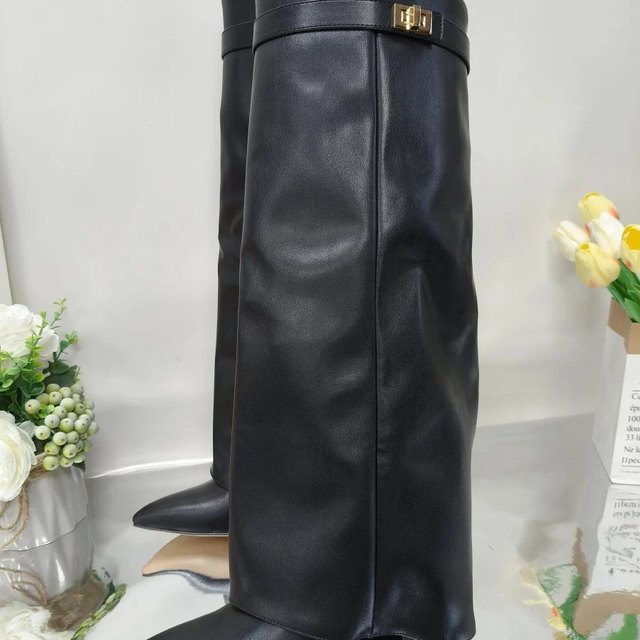2025 New Foreign Trade Pointed Toe Wide Calf Straight Metal Buckle Mid-Calf Boots Large Size Chunky Heel Trouser Boots Women's Boots