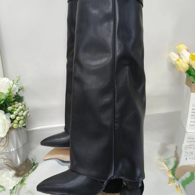 2025 New Foreign Trade Pointed Toe Wide Calf Straight Metal Buckle Mid-Calf Boots Large Size Chunky Heel Trouser Boots Women's Boots