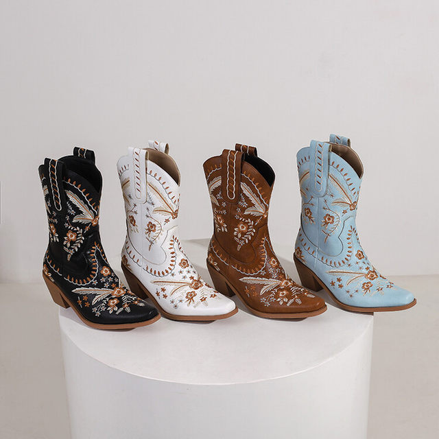 Western Cowboy Boots Embroidered Retro Square Toe High Boots Thick Heel High Heel Mid-Calf Boots Bohemian Knight Boots Long Boots