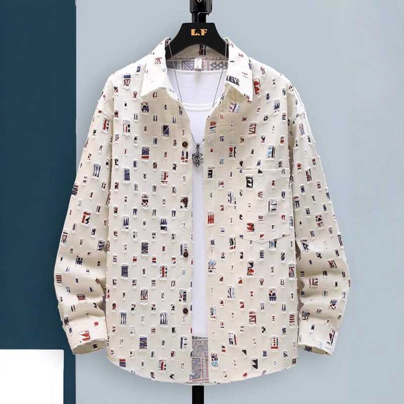 European Brand An&Lv/Angelababy Shirt-Style Jacket for Men, Spring and Autumn Trendy Fashion Ripped Long-Sleeve Shirt Coat