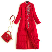 2019 winter new embroidered Chinese retro down cotton clothing plate buckle Chinese style cheongsam embroidery long cotton coat