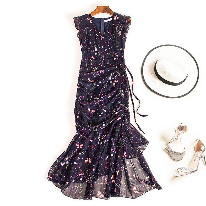 Foreign trade women's clothing cut label tail goods clearance sale light luxury discount tail single chiffon sleeveless floral cheongsam dress autumn