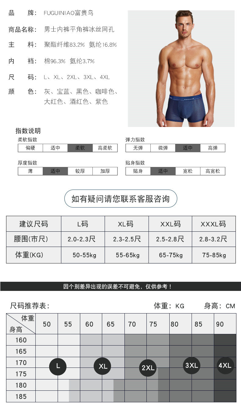 富贵鸟 男士 高弹冰丝网孔平角裤  4条 图8