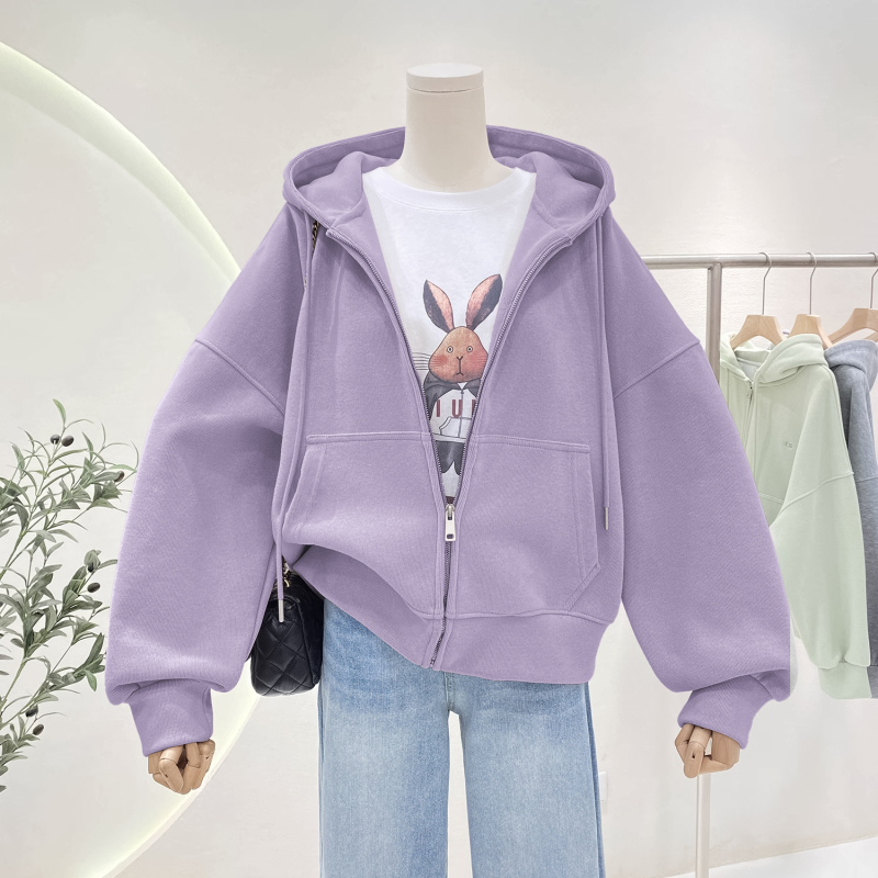 Cardigan Sports Purple Sweatshirt for Women 2026 New Spring Style Women's Loose Casual Top Hooded Zipper Short Jacket Cardigan Sports Purple Sweatshirt for Women 2026 New Spring Style Women's Loose Casual Top Hooded Zipper Short Jacket