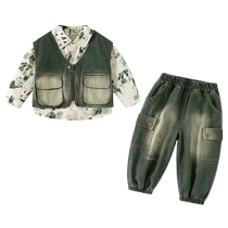 Boys suit autumn clothing 2024 new fashionable childrens clothing baby floral shirt spring and autumn cool and handsome childrens denim three-piece set