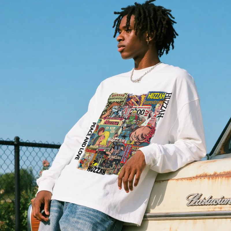 Huzzah American-Style Popular Graffiti Poster Print Long-Sleeved T-Shirt for Men and Women, Autumn Round Neck Loose Casual Top