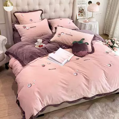 Winter thickened baby velvet flannel four-piece double-sided velvet coral velvet quilt cover cute girl heart bedding
