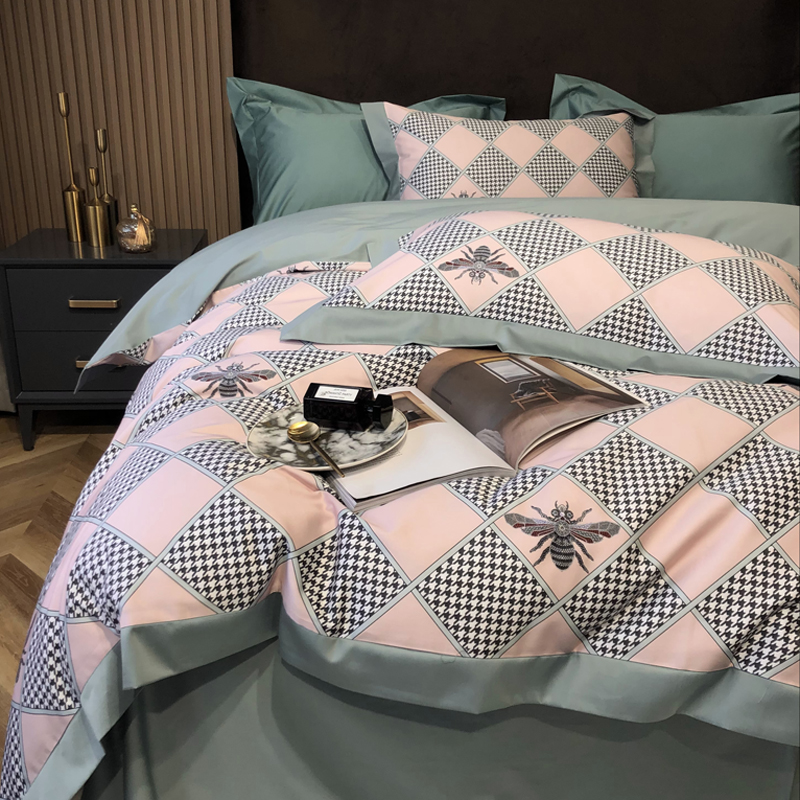 Light and luxurious modern American 100 long suede cotton four pieces full cotton pure cotton gon satin digital printed quilt cover bedding 4