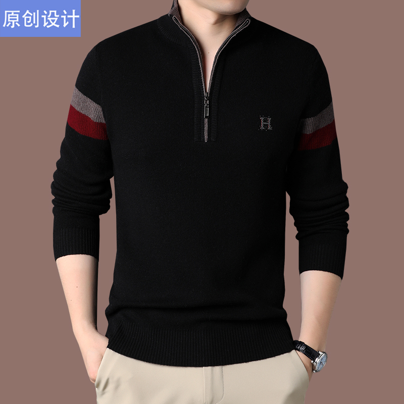 Italian Brand Cashmere Sweater for Men, Stand-Up Collar, Warm and Thickened, Long-Sleeved, Half-High Zip Collar, Wool Sweater for Middle-Aged Men