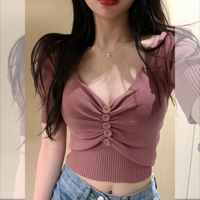 Ice Silk Knitted Off-Shoulder Short-Sleeve T-Shirt for Women, Summer Petite French V-Neck Collarbone Slimming High-Waisted Short Top