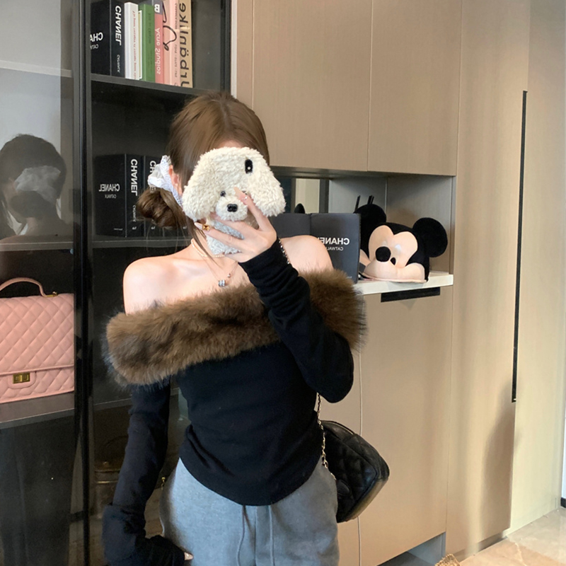 裏起毛ボトシャツ レディース 2024年秋冬新作 長袖Tシャツ ワンショルダー オフショルダー スリム 冬トップ