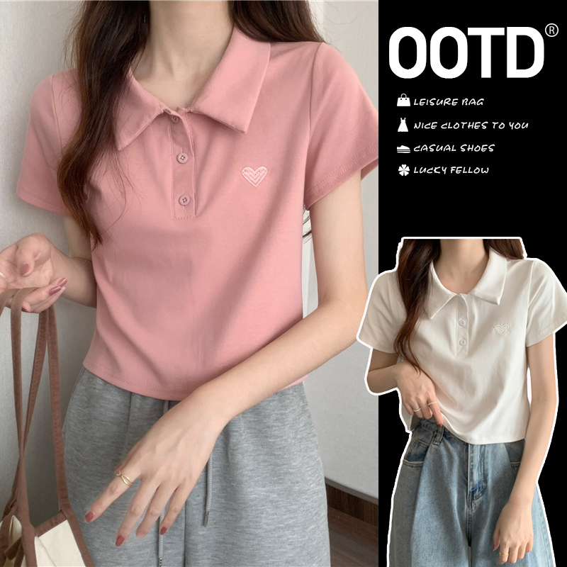 Pink Polo Shirt, Regular Shoulder Short-Sleeve T-Shirt for Women, Summer Petite Style, Turn-Down Collar, Slim Fit, High-Waisted Short Top Pink Polo Shirt, Regular Shoulder Short-Sleeve T-Shirt for Women, Summer Petite Style, Turn-Down Collar, Slim Fit, High-Waisted Short Top
