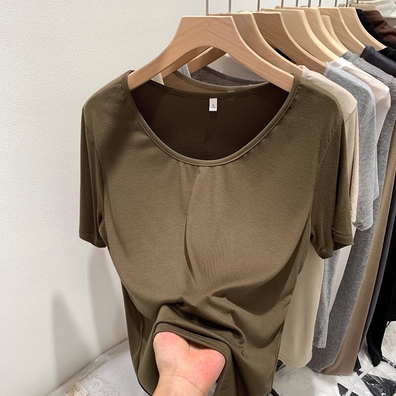 Coffee-Colored Regular Shoulder Short-Sleeve T-Shirt for Women, 2026 New Summer Style, Large Neckline, Collarbone-Exposing Half-Sleeve, Loose Modal Top