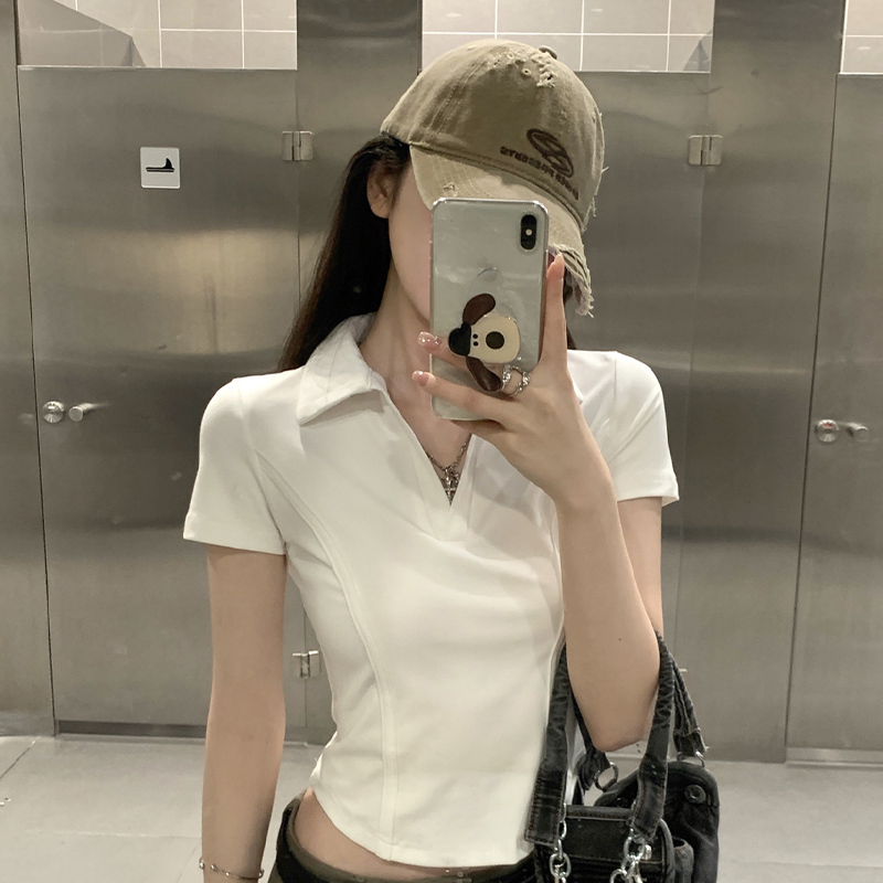 Polo Shirt with Regular Shoulders, Short-Sleeved T-Shirt for Women, 2026 New Summer Half-Sleeve Slim Fit High-Waisted Short Top for Petite Women