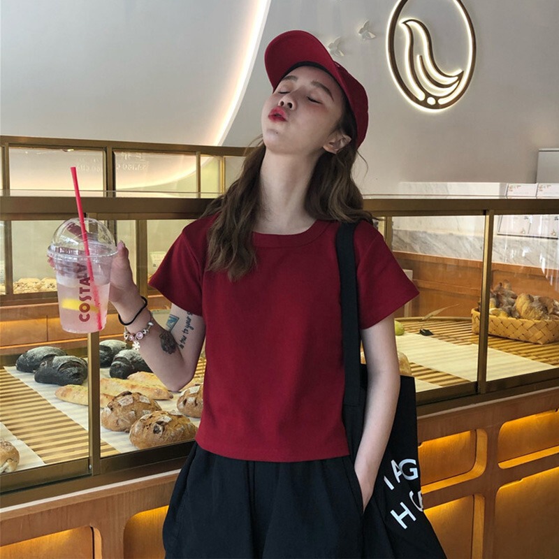 Burgundy Short-Sleeved T-Shirt for Women, Summer 2026 New Style, Loose Fit, High-End Feel, Half-Sleeve, Petite Short Top