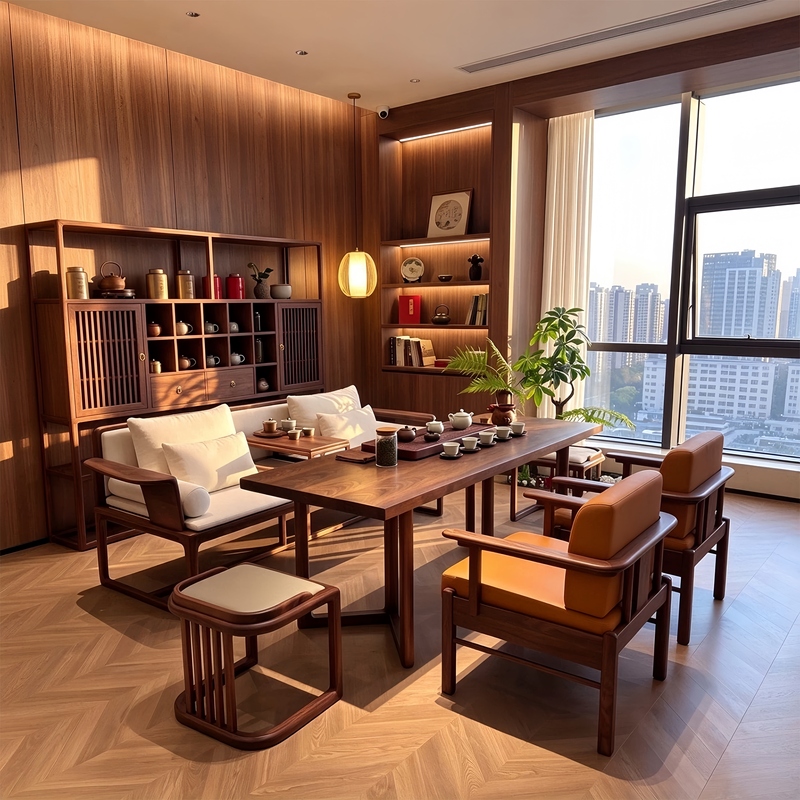 New Chinese-Style North American Black Walnut Tea Table and Luohan Bed Combination, Song-Style Aesthetics, Zen-Inspired Tea Room, Living Room Solid Wood Tea Table