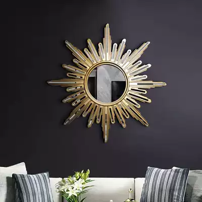 Background Wall decorative mirror Sun round wall hanging fireplace mirror European style dining side living room light luxury retro hanging wall porch mirror